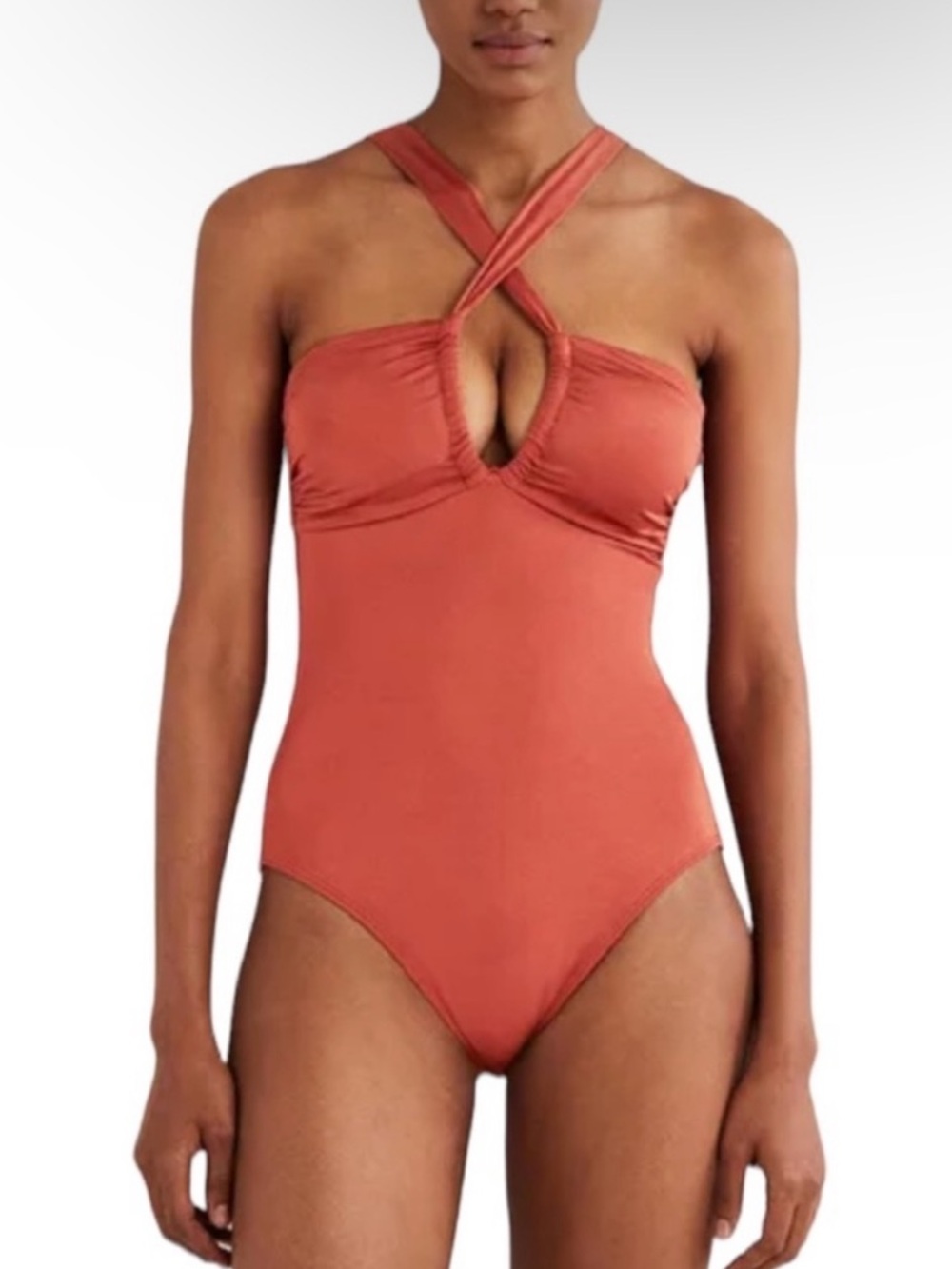 Boden Gathered Criss Cross Strappy Bandeau One Piece Swimsuit Chili Oil
